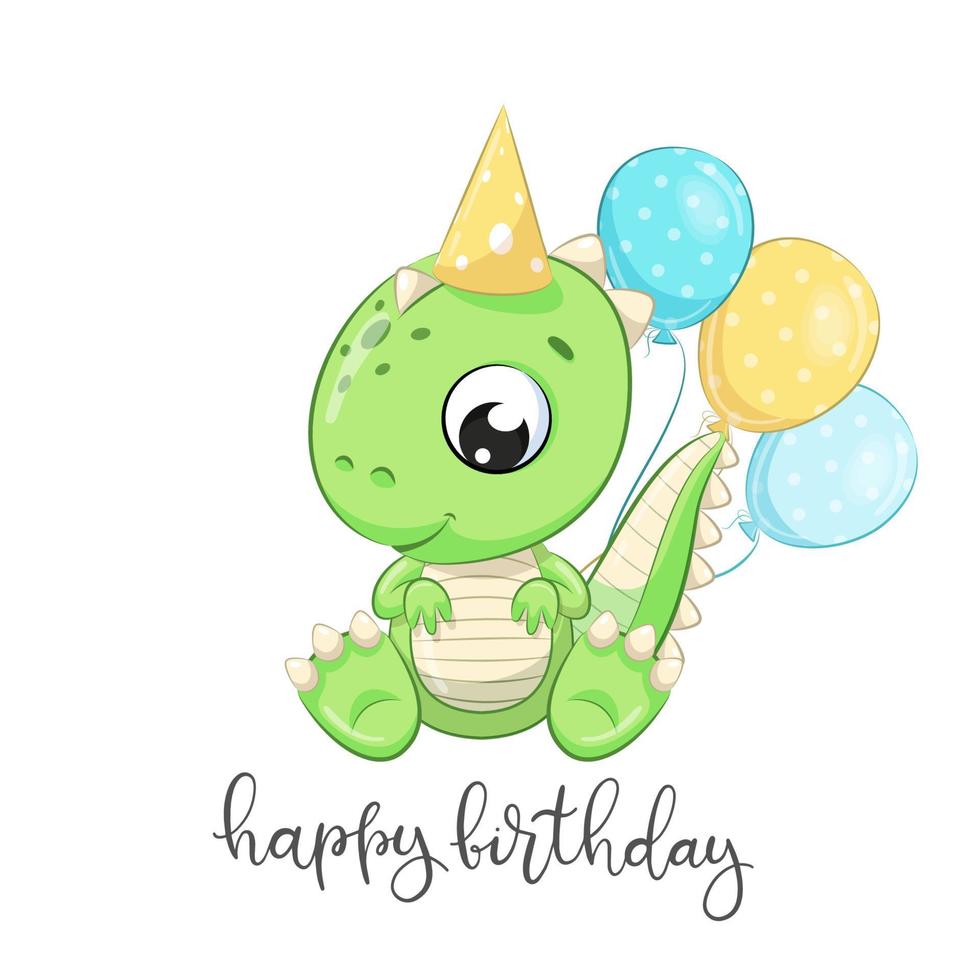 lindo dinosaurio con globos. feliz cumpleaños clipart. vector