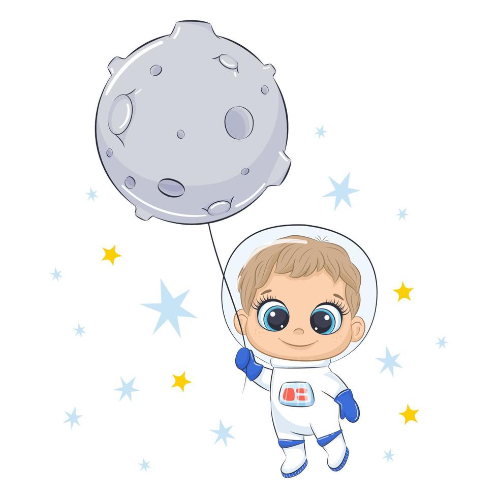 Cute spaceman flying on the moon. Childish illustration. vector