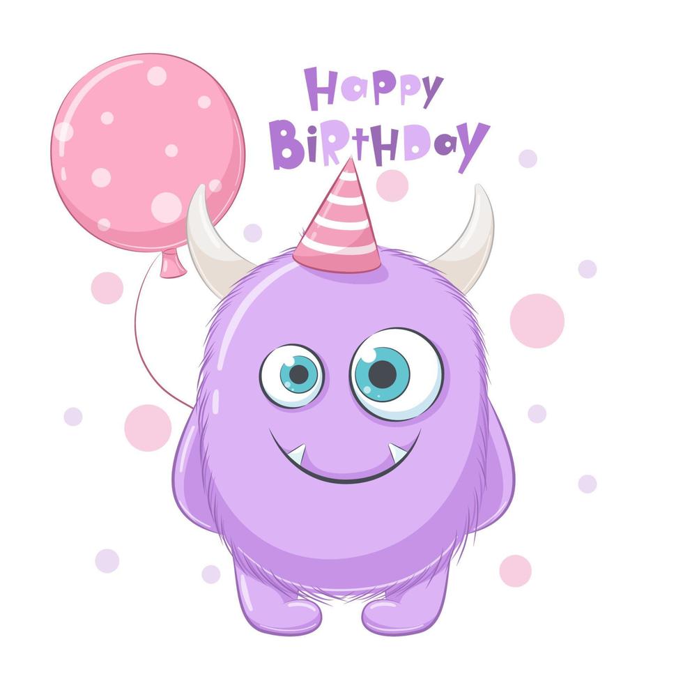 Cute monster with phrase -Happy Birthday- and balloon. vector
