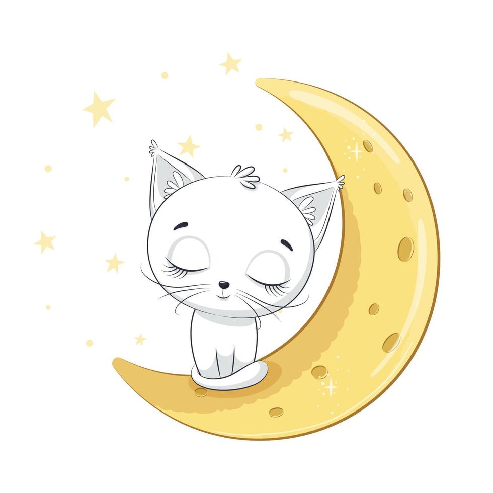 Cute kitten is sleeping on the moon. vector