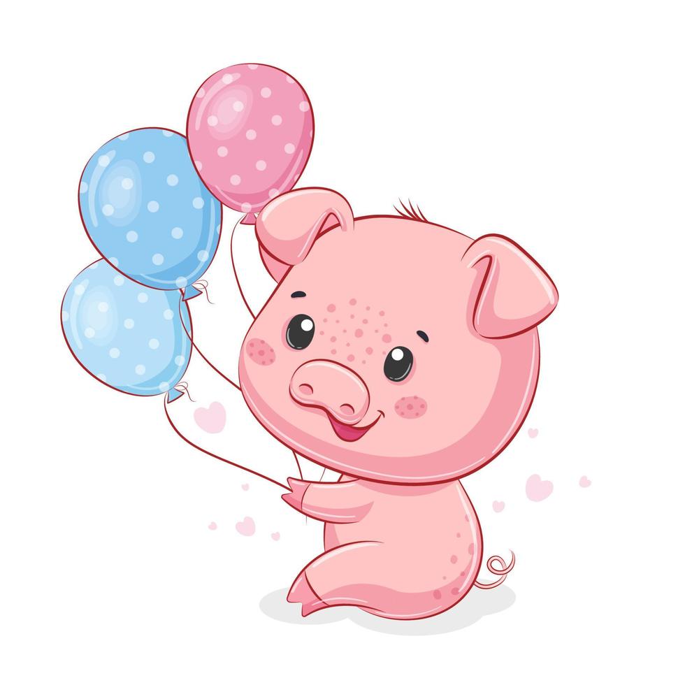 Cute piggy with balloons. Vector illustration for baby shower, greeting card, party invitation, fashion clothes t-shirt print.