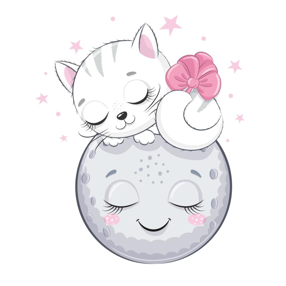 Cute kitten is sleeping on the moon. vector