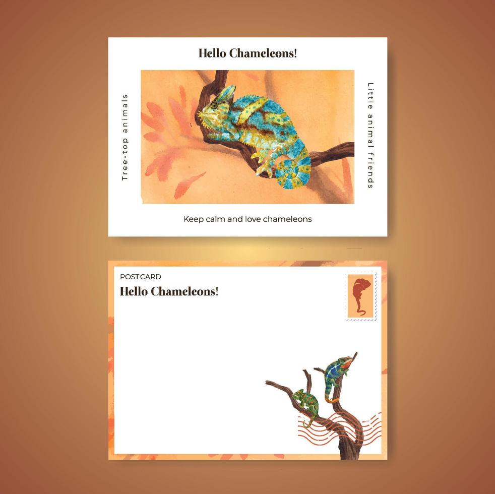 Postcard template with chameleon lizard concept,watercolor style vector