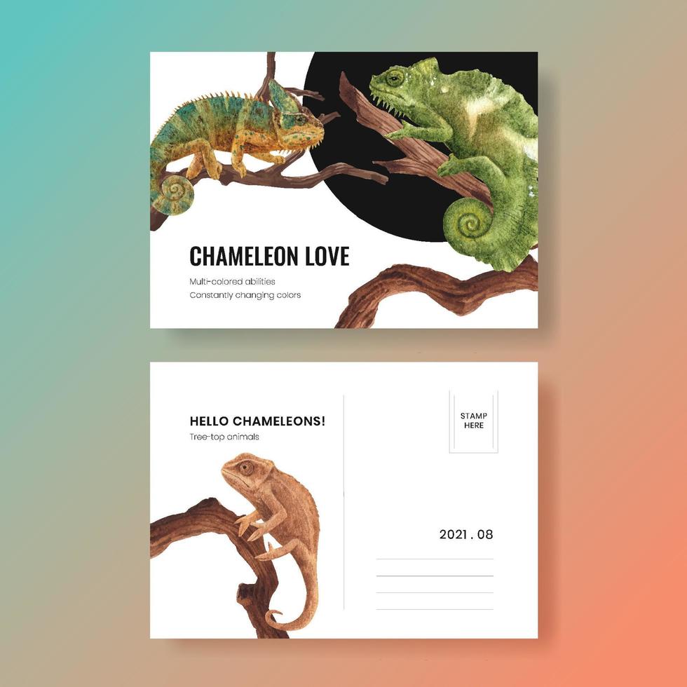 Postcard template with chameleon lizard concept,watercolor style vector