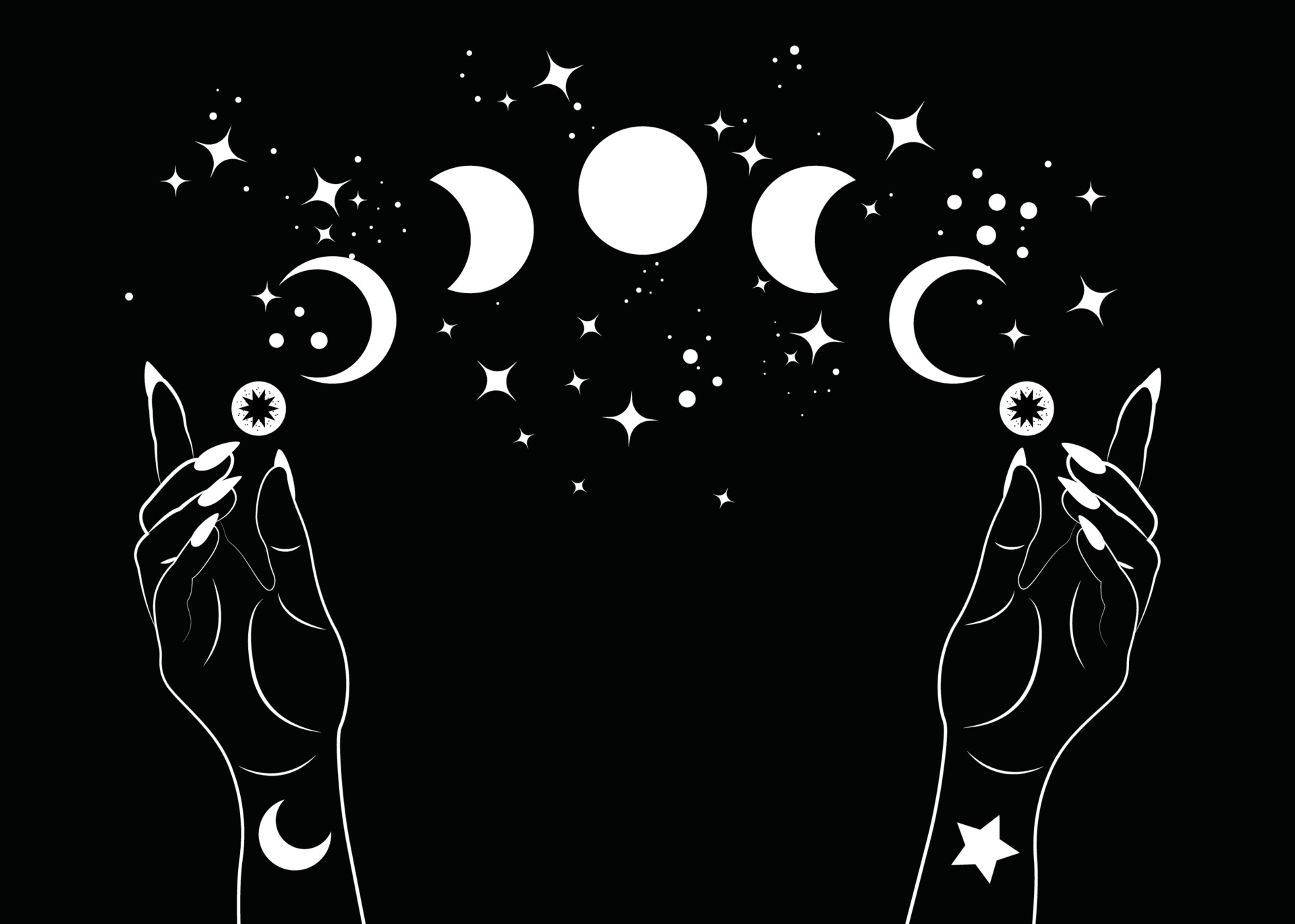 Mystical moon phases and woman hands, Triple moon pagan Wiccan goddess