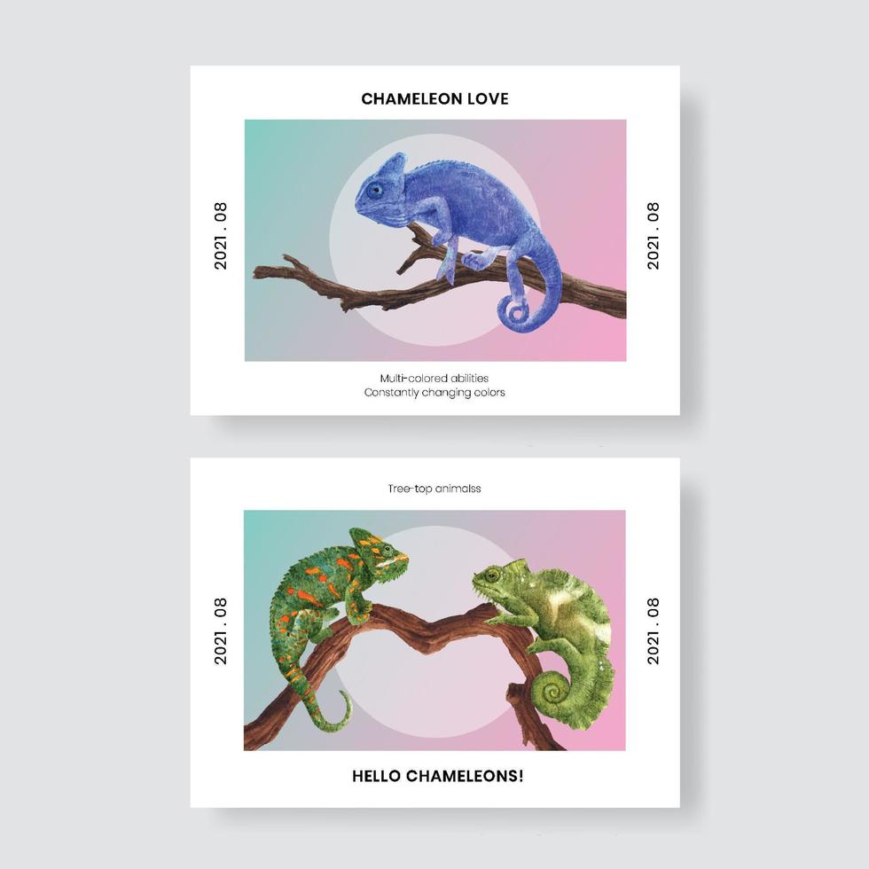 Plantilla de postal con concepto de lagarto camaleón, estilo acuarela vector