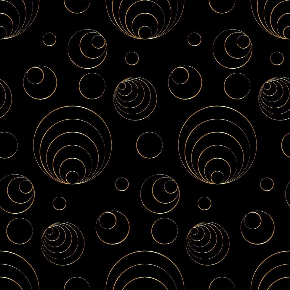 seamless pattern with gold seashells and bubbles. golden outline vector illustration of underwater shells. Nautical background. Stylized marine elements on black for cards, decoration, textile, print