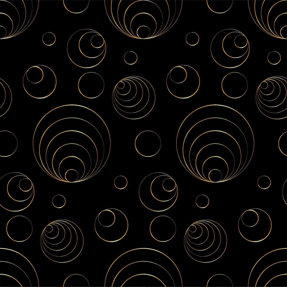 seamless pattern with gold seashells and bubbles. golden outline vector illustration of underwater shells. Nautical background. Stylized marine elements on black for cards, decoration, textile, print