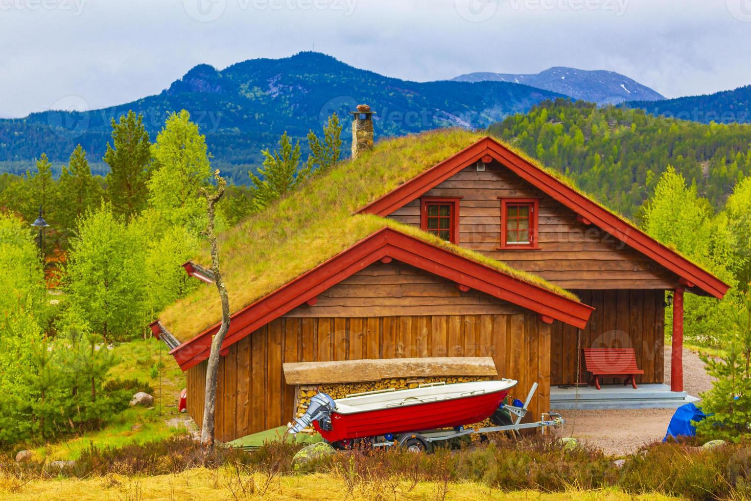 Norwegian wooden cabins cottages in the nature landscape Nissedal Norway. photo