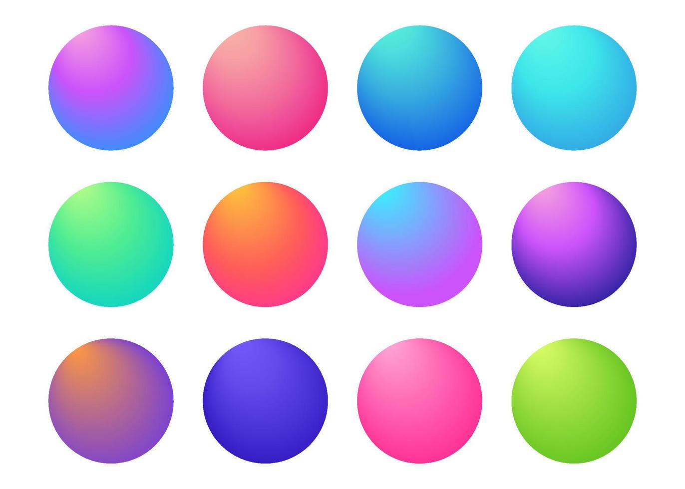 círculo degradados holográficos establecidos, botones de esfera. multicolor verde violeta amarillo naranja rosa rojo violeta azul cian gradientes circulares fluidos, botones redondos suaves de colores, conjunto plano de esferas de colores vivos vector