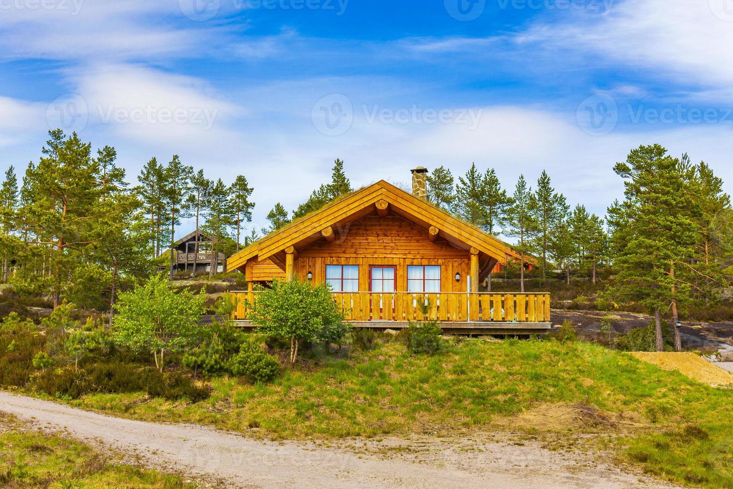 Norwegian wooden cabins cottages in the nature landscape Nissedal Norway. photo