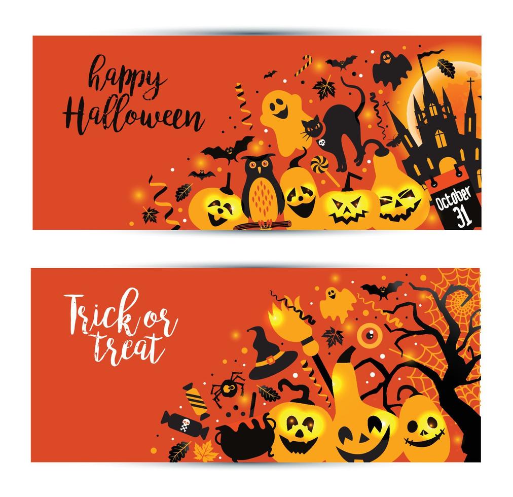 Banners de Halloween en fondo naranja. invitación a la noche vector