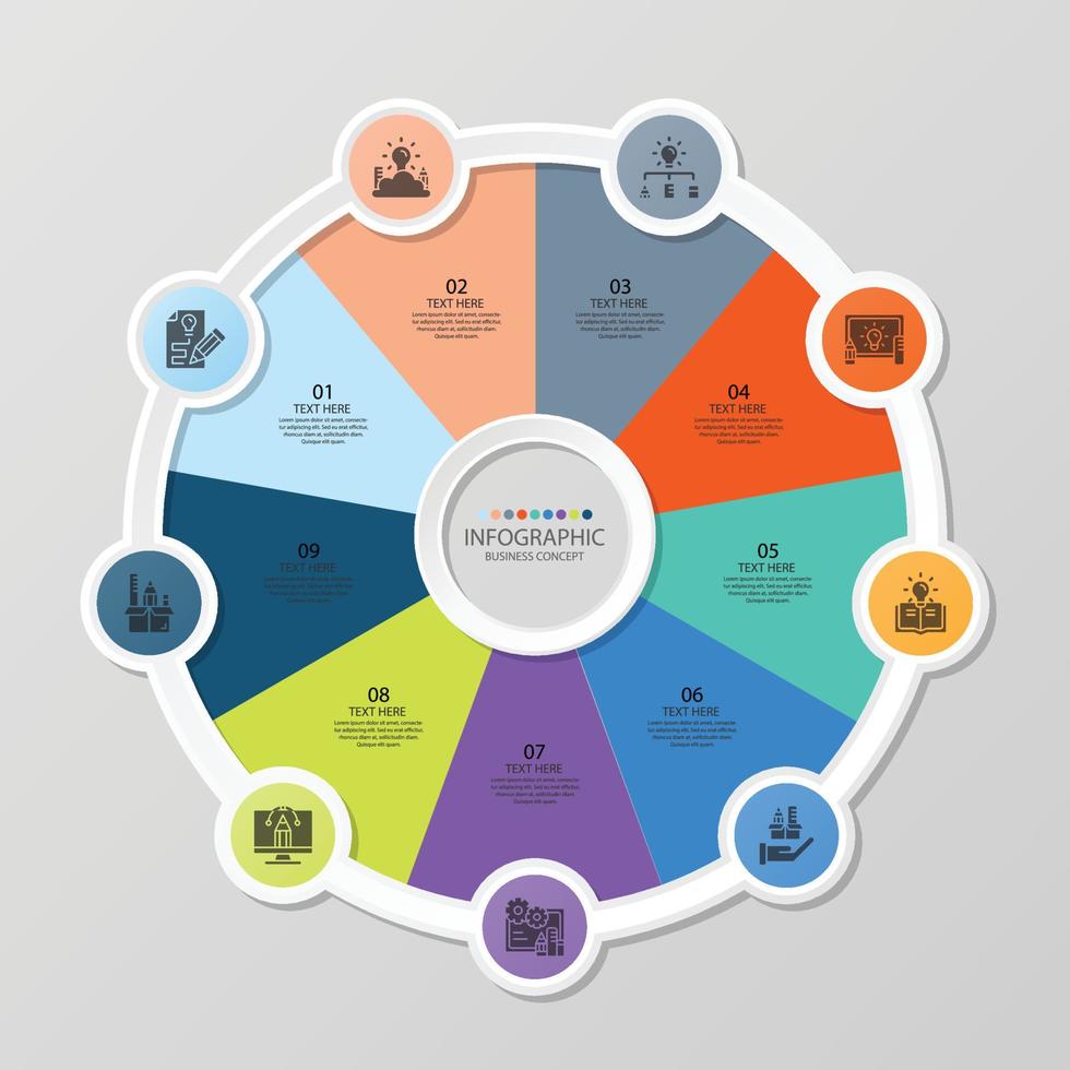 Plantilla de infografía de círculo básico con 9 pasos. vector