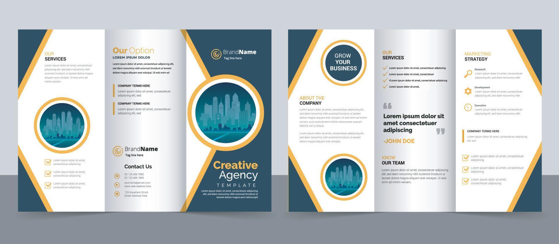 Plantilla de folleto comercial en diseño tríptico. folleto de diseño corporativo con imagen replicable. vector