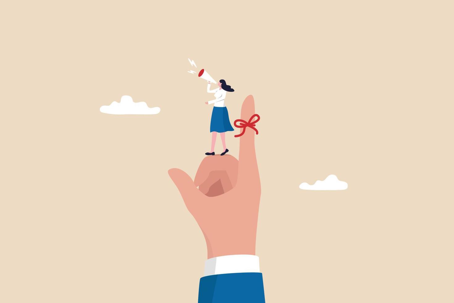Finger string reminder, don't forget to remember, assistance or secretary to remind important event concept, businesswoman assistance tie red string on boss finger and use megaphone to remind him. vector