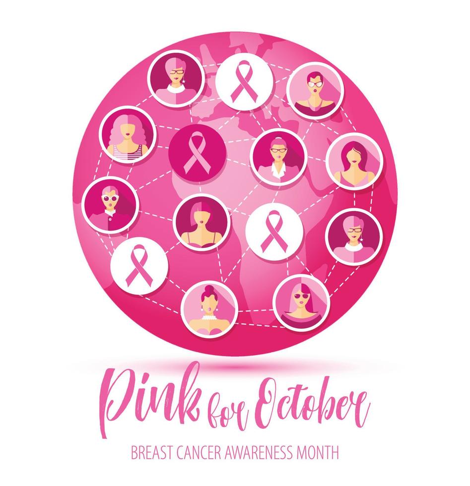 Breast cancer illustration of pink icons with faces of women. vector