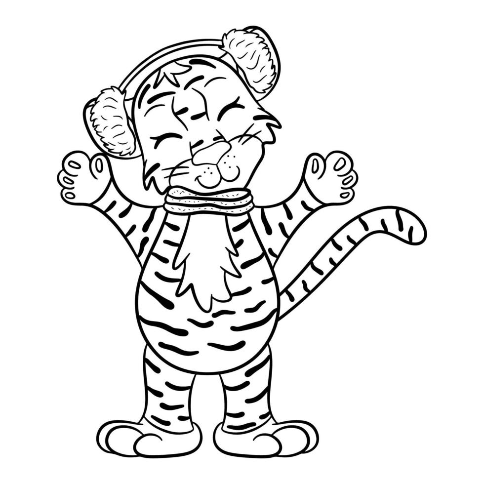 Tiger is symbol of the new year 2022 according to the Chinese or Eastern calendar. Wearing headphones against the cold and scarf. Outline for coloring. Vector editable illustration.