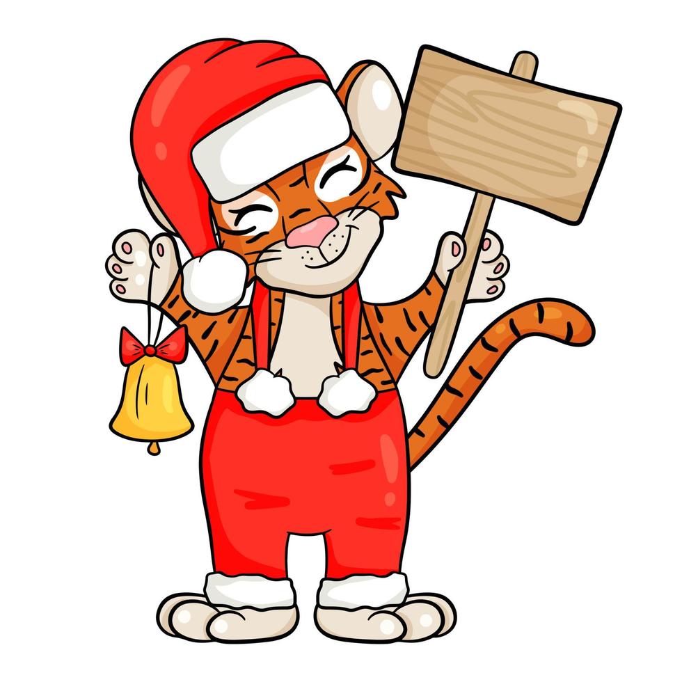 Tiger in Santa hat with bell and template for text. Symbol of the new year according to the Chinese or Eastern calendar. Vector editable illustration, cartoon style