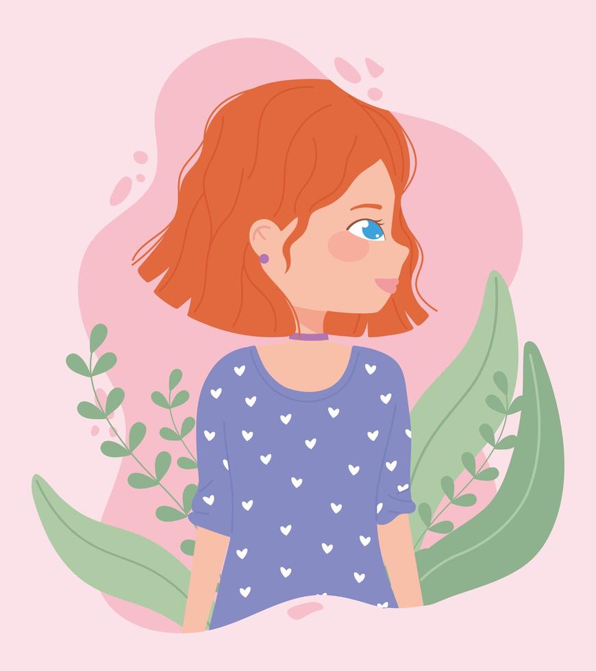 personaje de perfil de dibujos animados de mujer linda, decoración floral vector