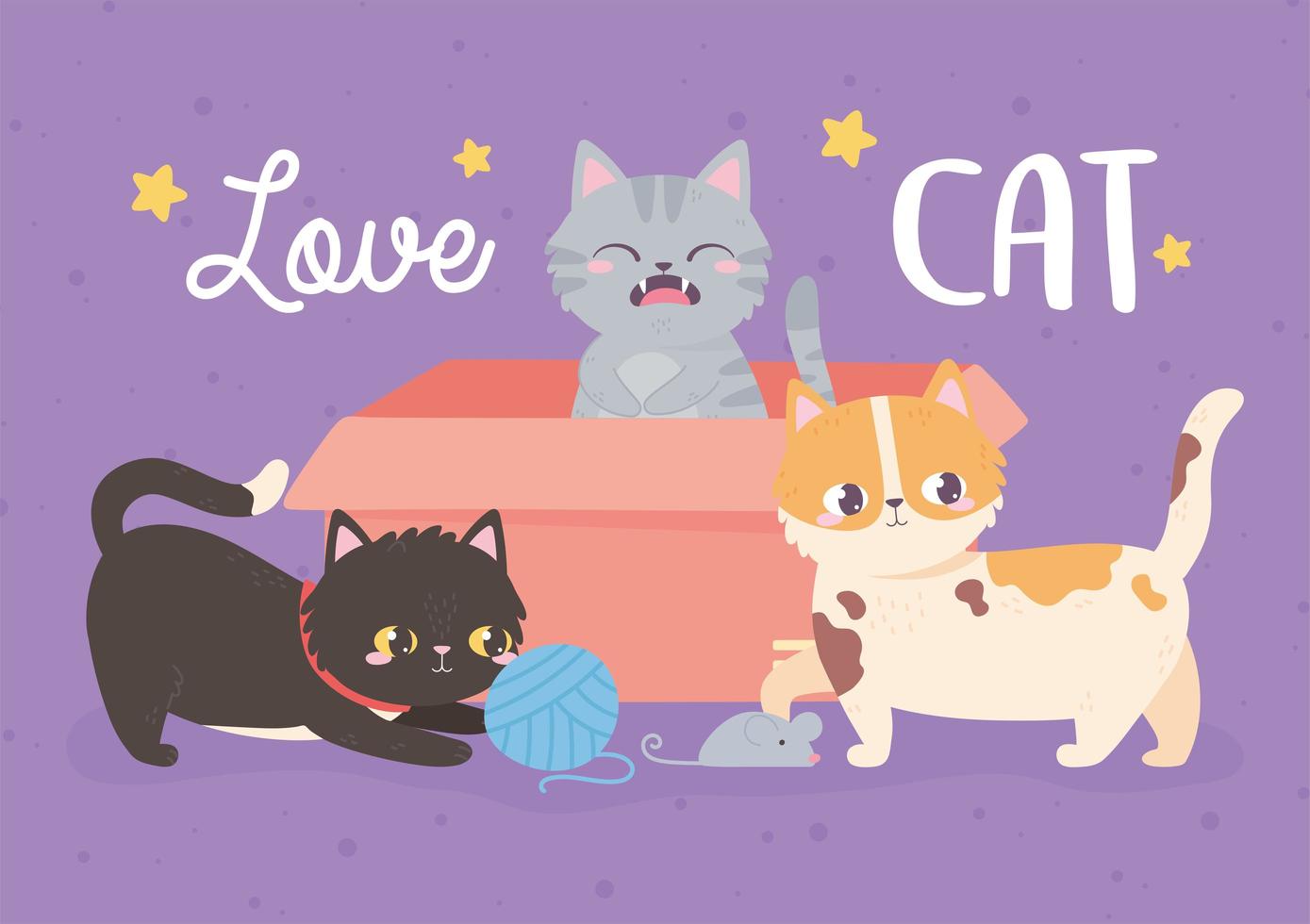 love cats pet animals playing with box and wool ball vector