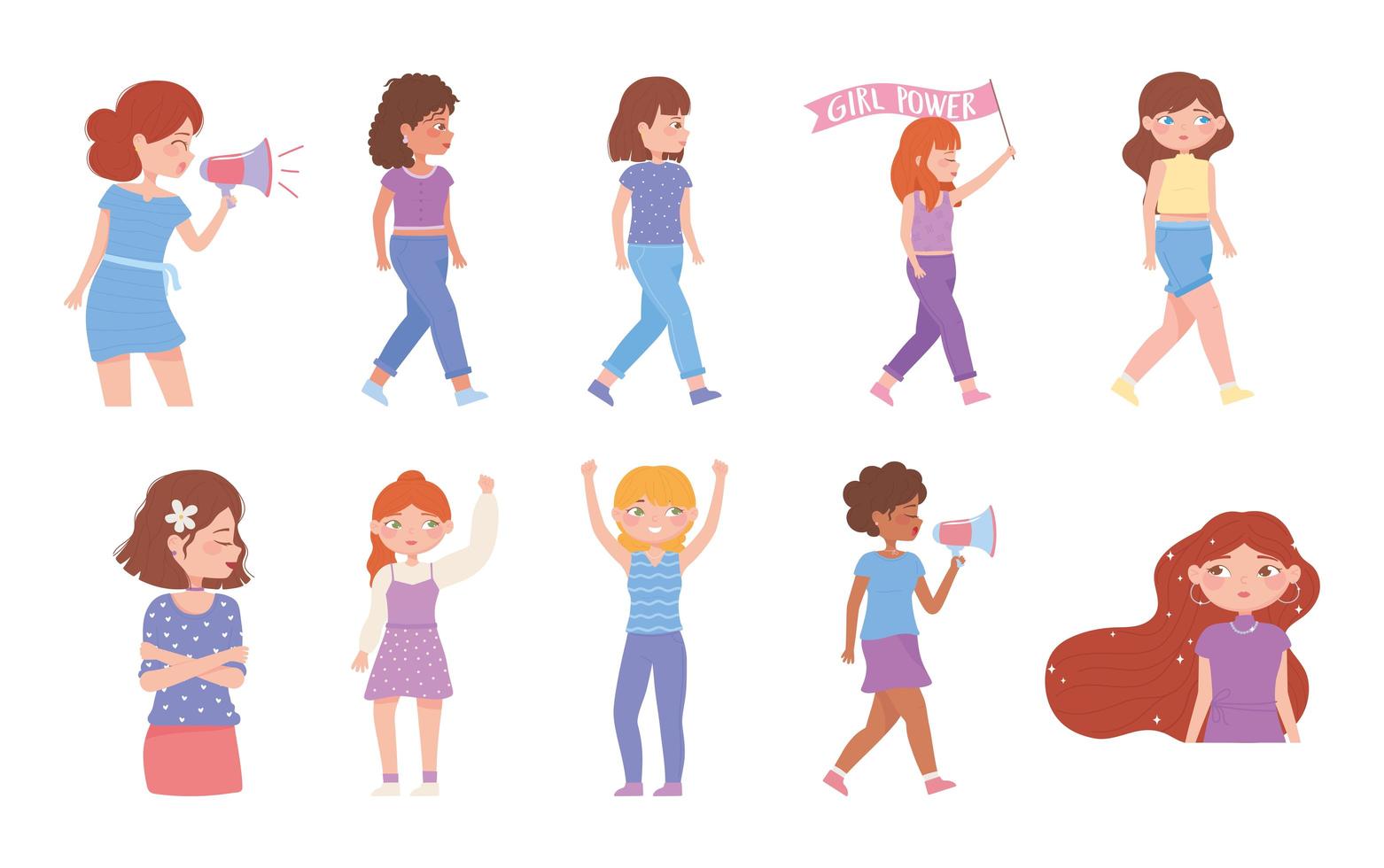 womens day strong girls different cultures, group female activists vector