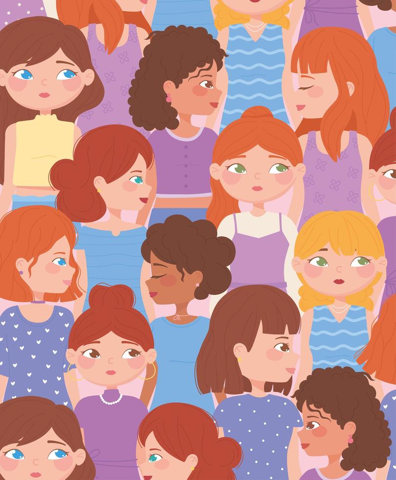 female diverse faces cartoon characters background vector