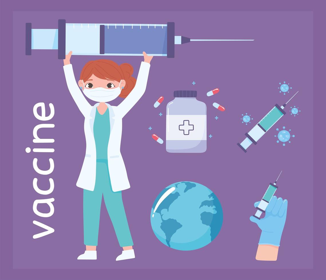 female doctor cartoon syringe vaccine medical medicine and world vector