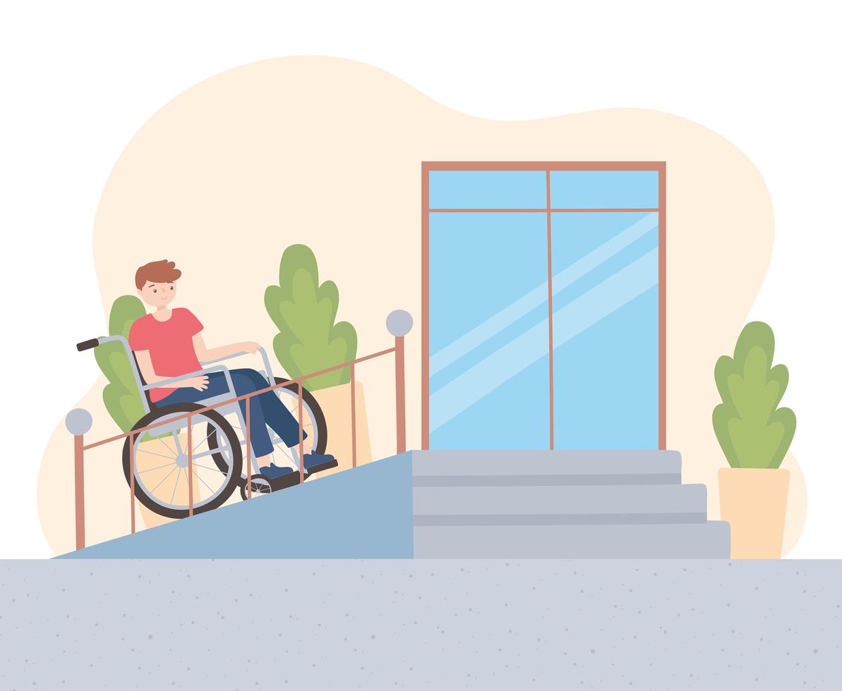 man in wheelchair climbs adaptation of public space vector