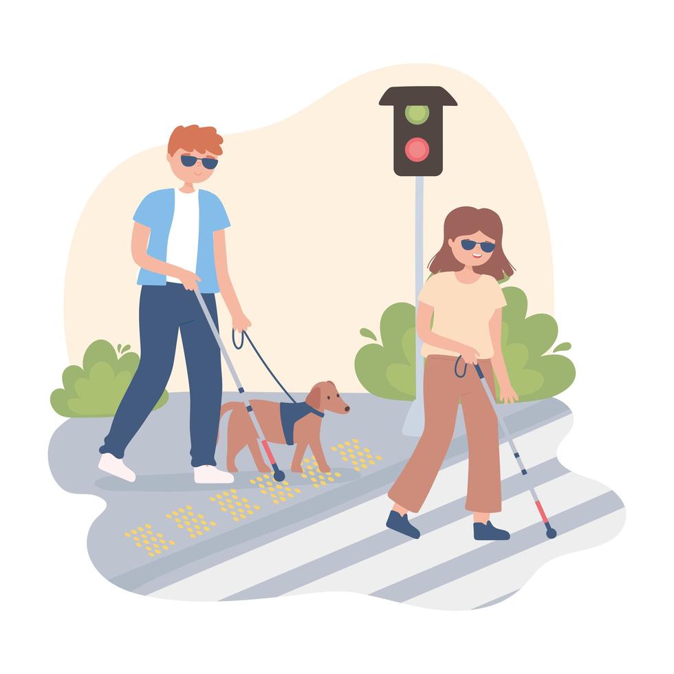 Mujer ciega y hombre caminando en la pasarela de la calle semáforo vector