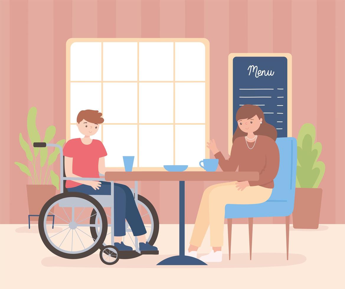 Mujer tomando un café con un amigo en silla de ruedas en el restaurante vector
