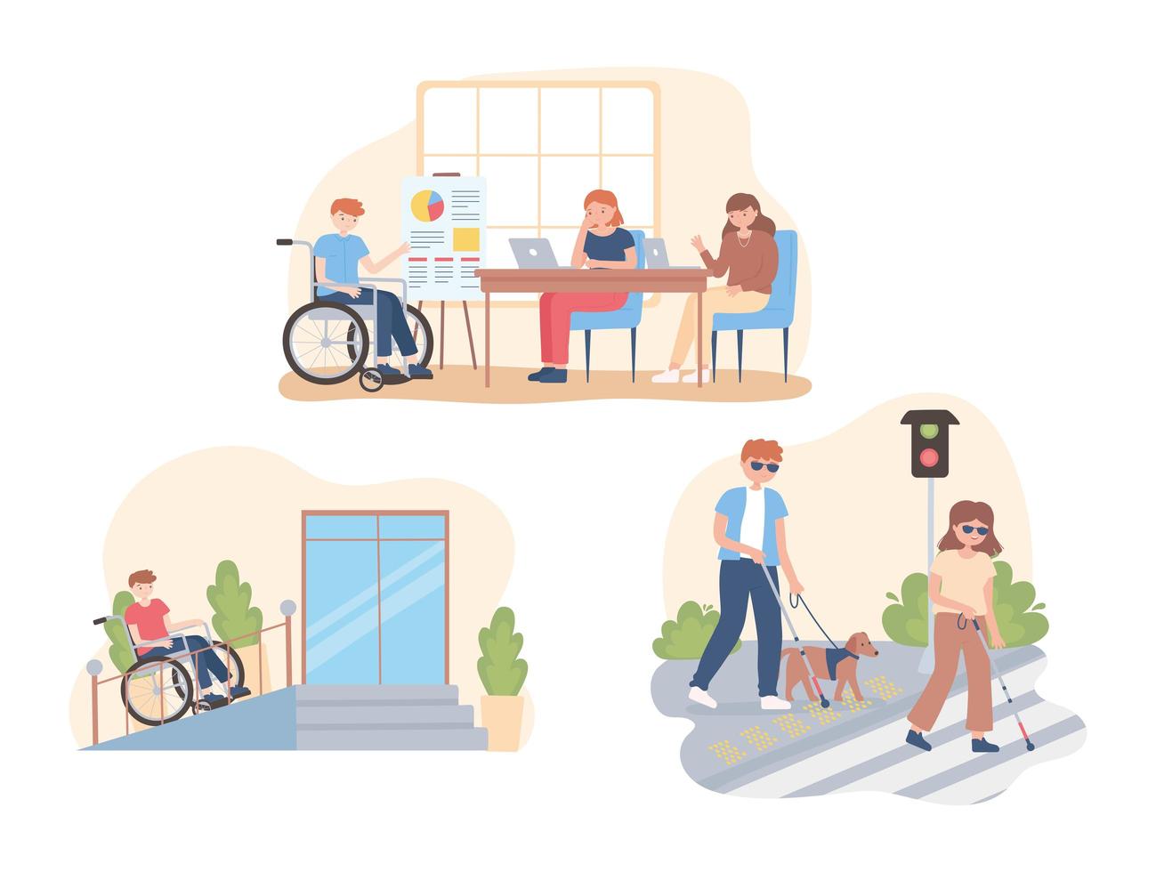 disabled people in different activity, working, walking vector