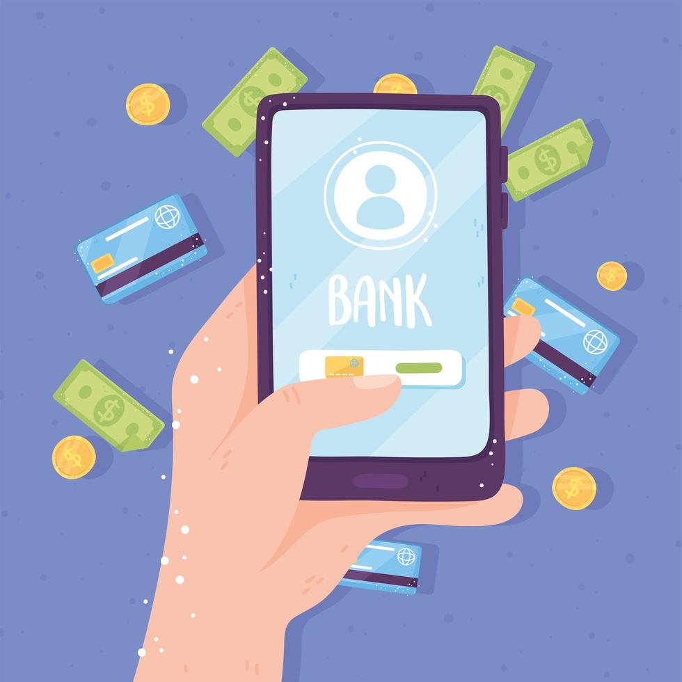 Banca en línea Pantalla de la aplicación para teléfonos inteligentes Tarjeta bancaria Monedas y billetes vector
