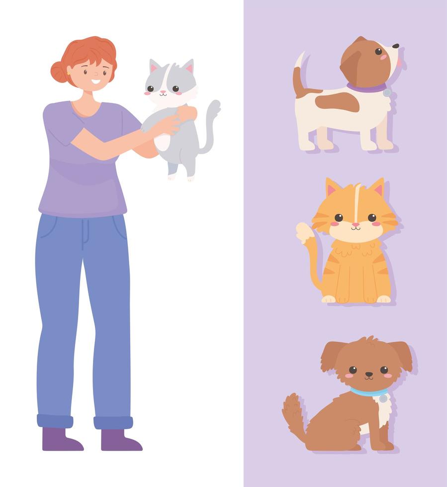 mujer gato mascotas vector