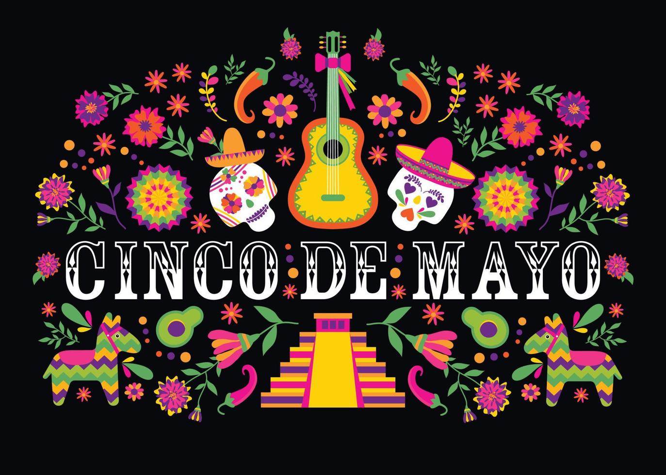 vector de banner de cinco de mayo-5 de mayo-tipografía. diseño de méxico para tarjetas de fiesta o invitación a fiesta, cartel. flores marco tradicional mexicano con letras florales sobre fondo negro.