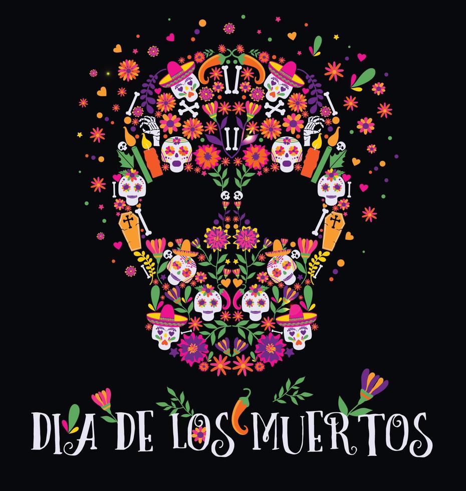Vector illustration of an ornately decorated Day of the Dead Dia de los Muertos skull, or calavera.