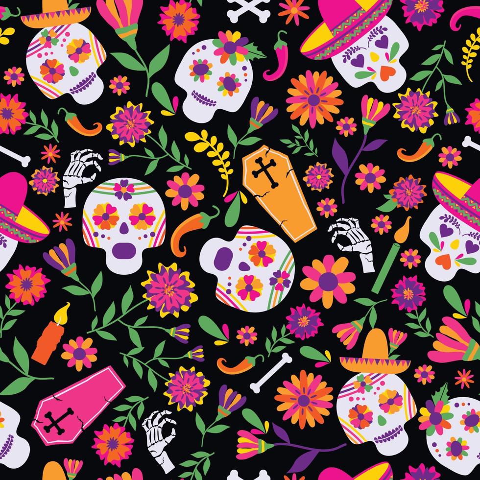 Dia de los muertos seamless vector pattern. The main symbols of the holiday on the dark background. Day of the dead.