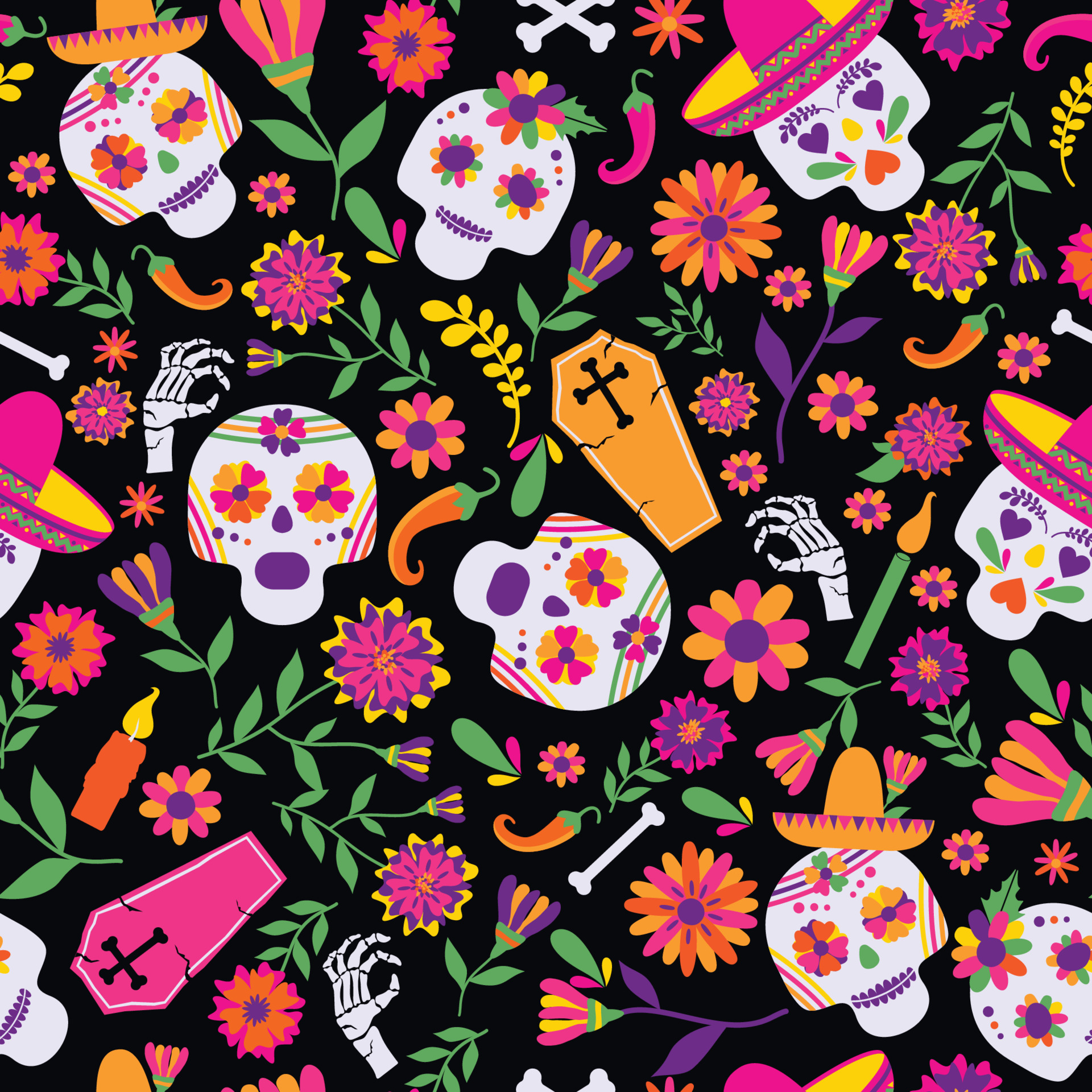 Dia de los muertos seamless vector pattern. The main symbols of the