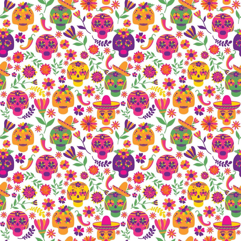 Dia de los muertos seamless vector pattern. The main symbols of the holiday on the dark background. Day of the dead.