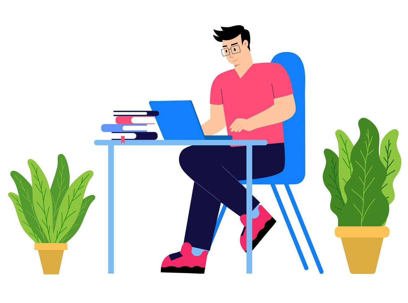 Man sitting table with laptop vector