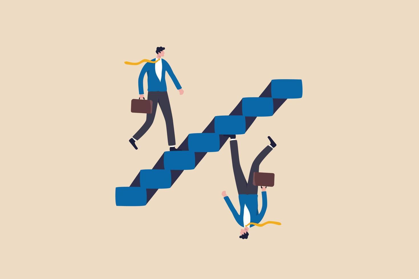 Business paradox, growth, improvement or different perspective or other side, fake or real, possible and impossible concept, ambitious businessman walk up stair while in paradox he walking down. vector