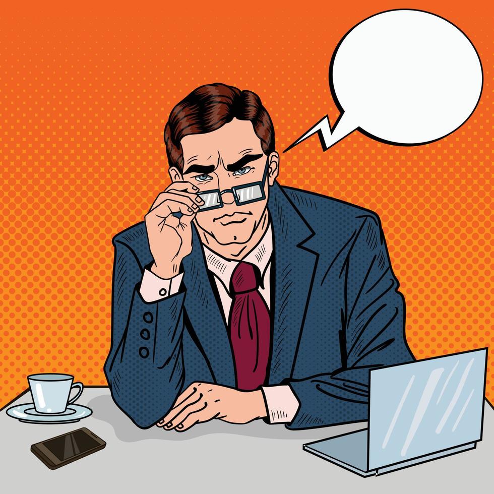 Pop Art Serious Businessman with Eyeglasses at Office Work. Vector illustration