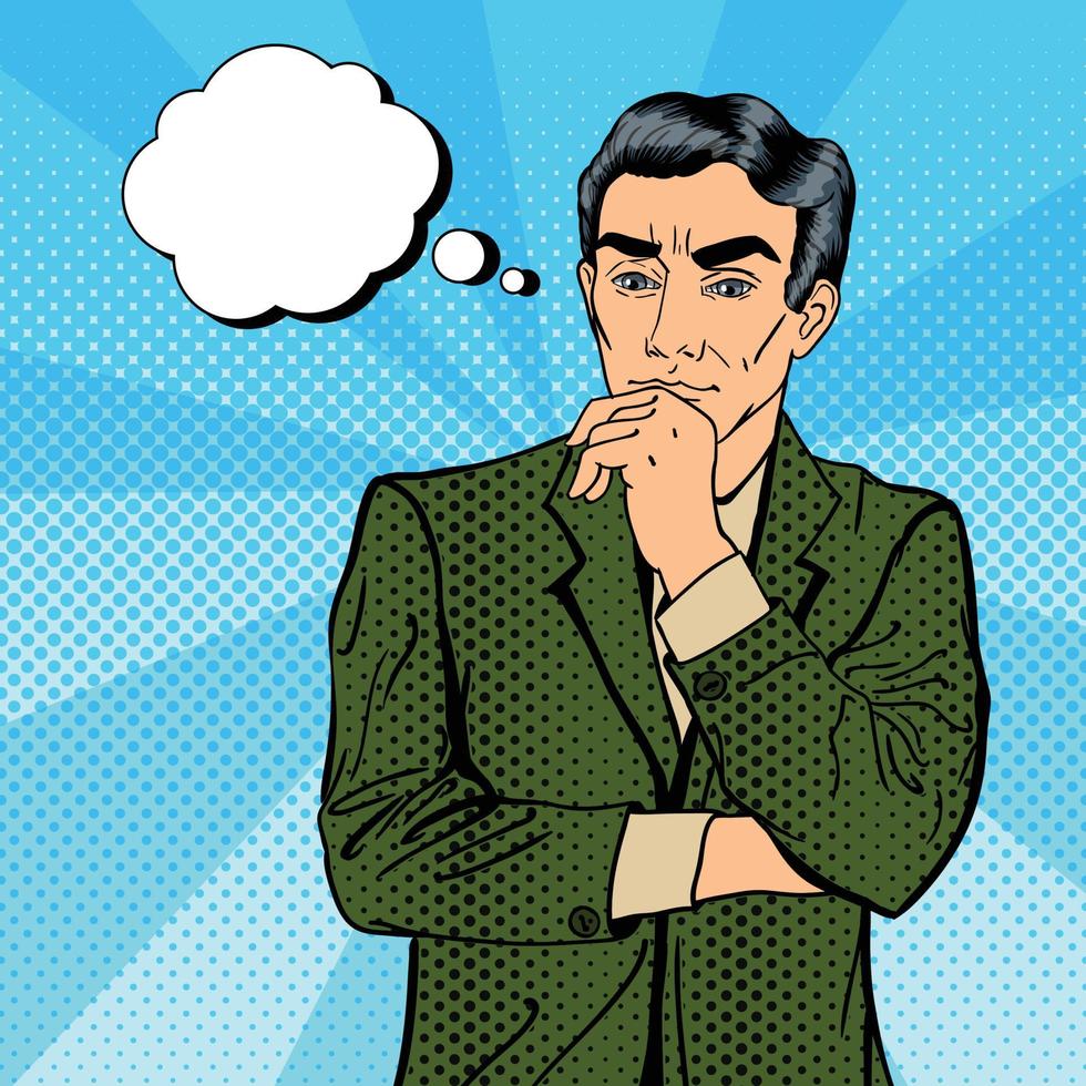 Thoughtful Businessman. Uncertainty in Decision Making. Pop Art. Vector illustration