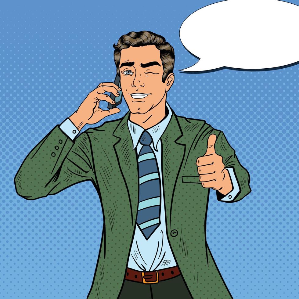 Pop Art Businessman Talking on the Phone and Gesturing Great. Vector illustration