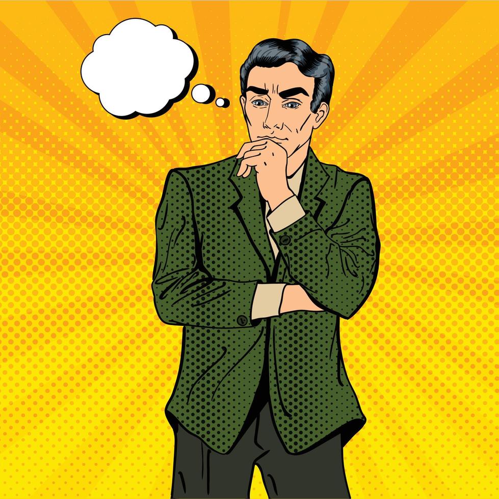 Thoughtful Businessman. Uncertainty in Decision Making. Pop Art. Vector illustration