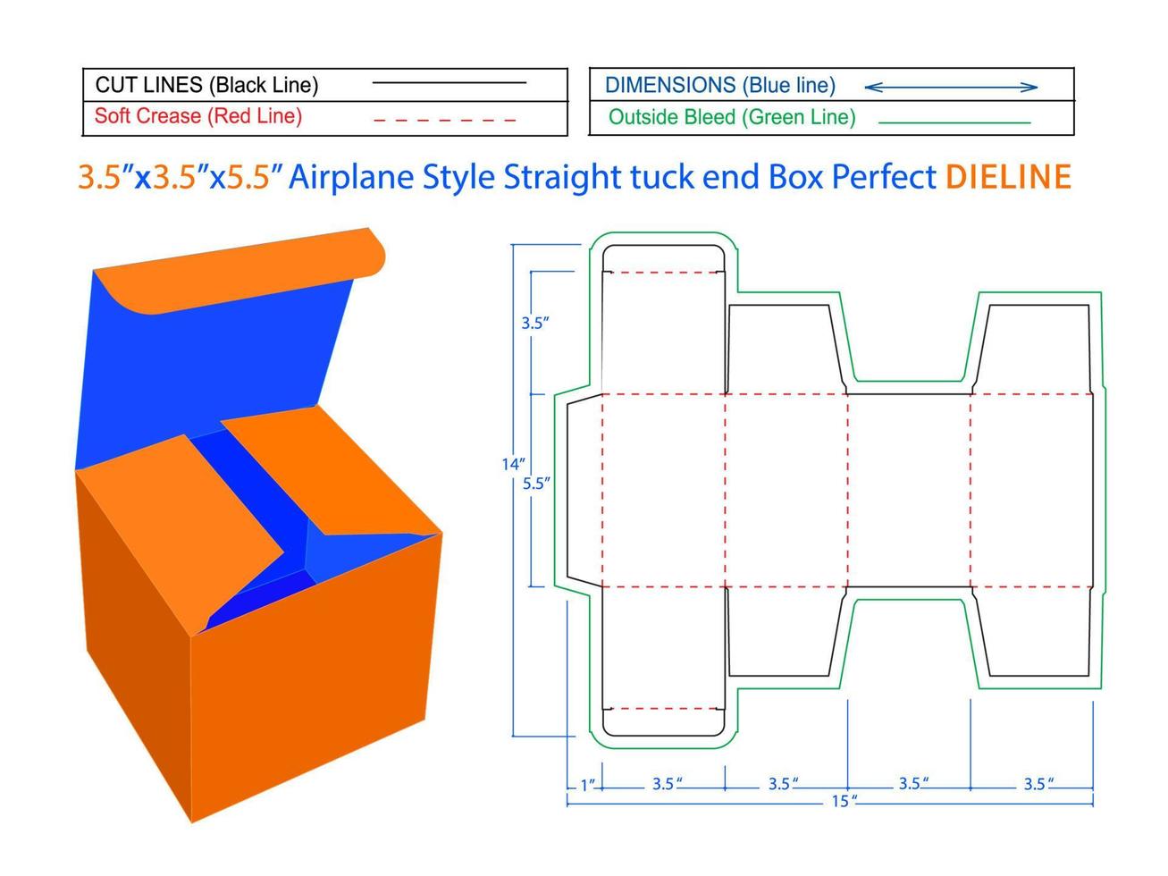 caja de extremo recto estilo avión de 3,5x3,5x5,5 pulgadas plantilla dieline y caja 3d editable vector