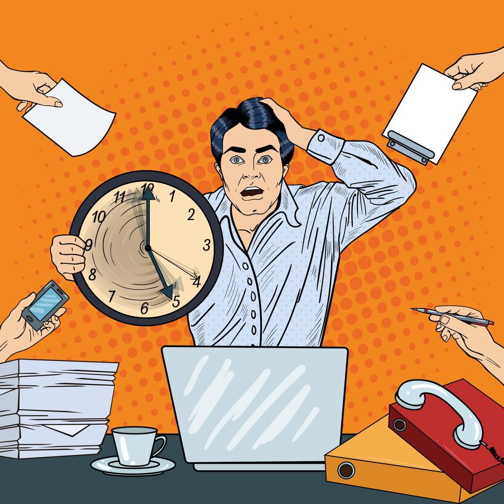 Stressed Pop Art Business Man Holding Big Clock at Multi Tasking Office Work Deadline. Vector illustration