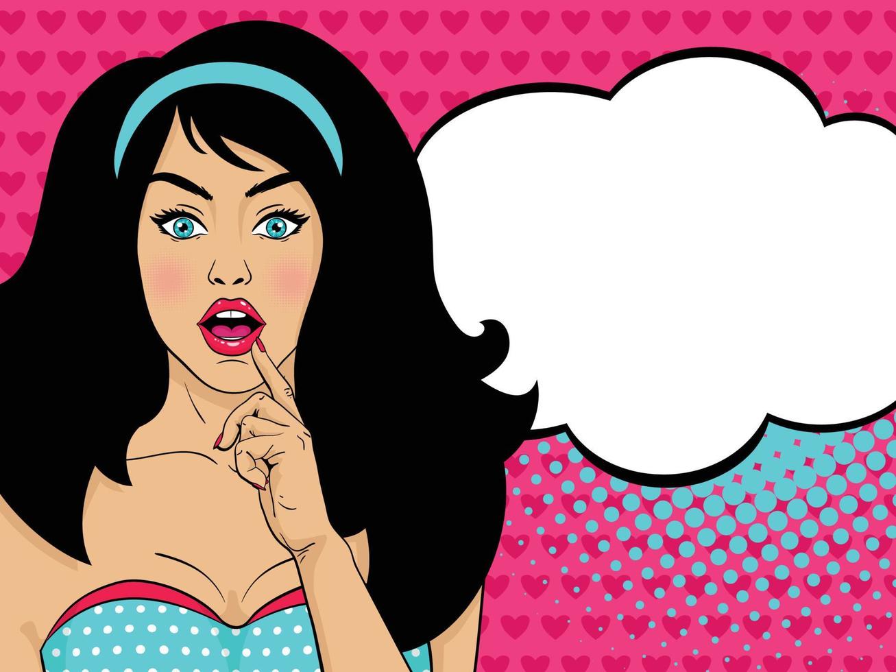 Sexy pop art woman with open mouth and megaphone speaking. Vector background in comic retro pop art style.