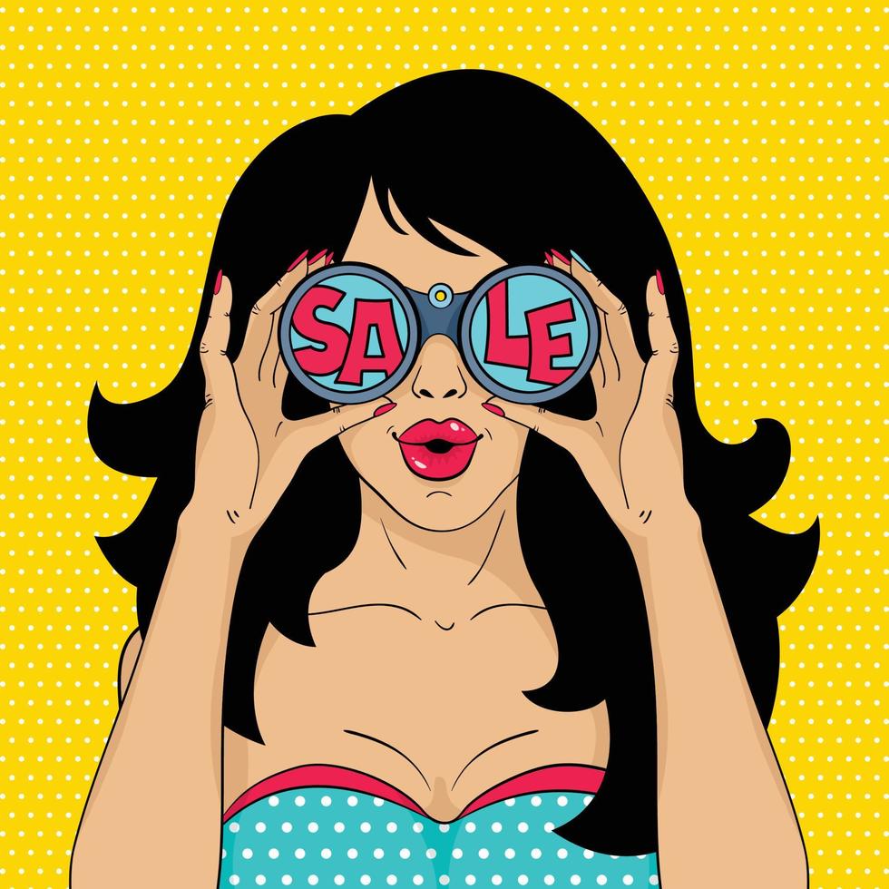 Sexy pop art woman with open mouth and megaphone speaking. Vector background in comic retro pop art style.