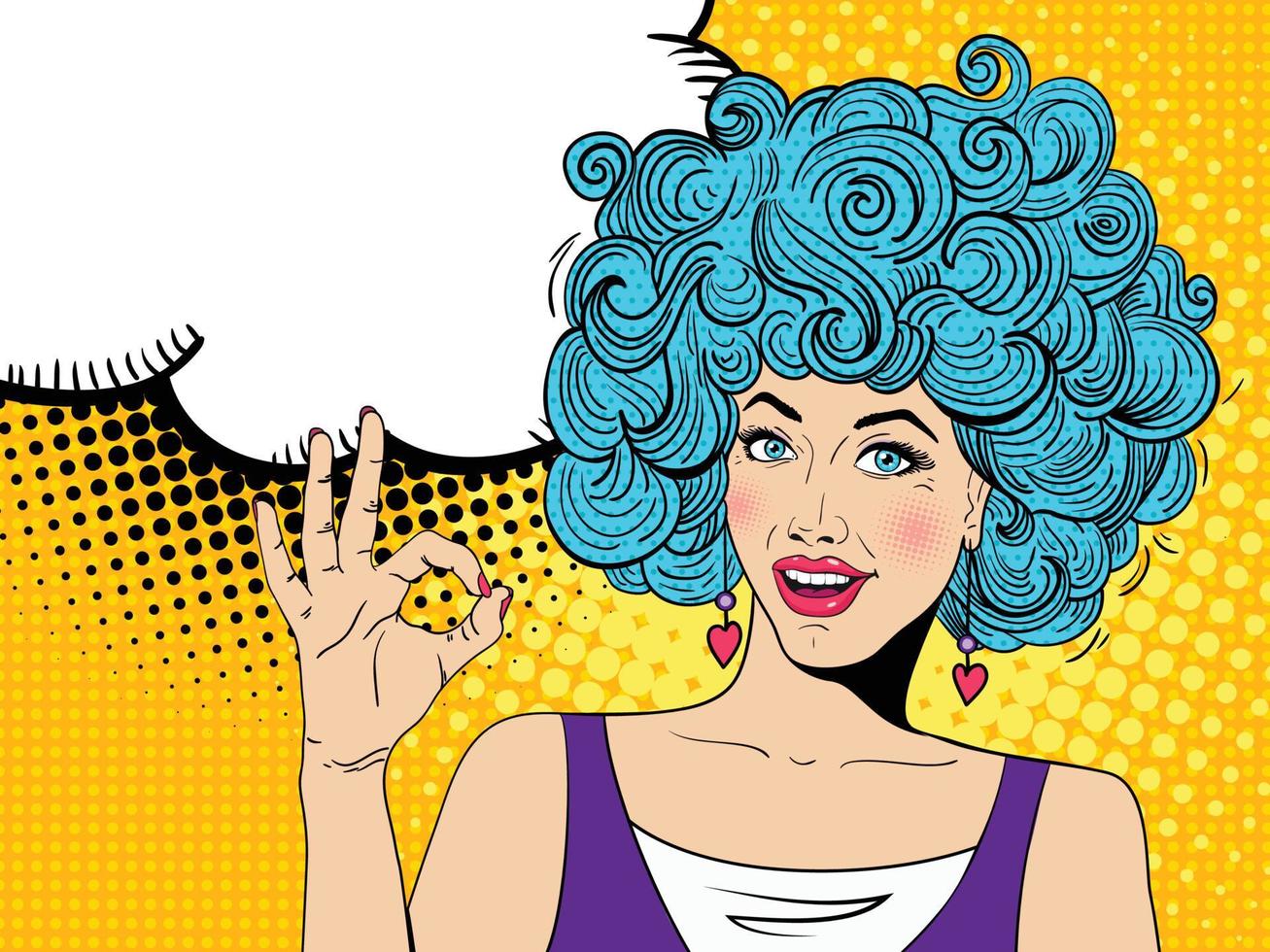 mujer sexy del arte pop con la boca abierta y el megáfono hablando. vector de fondo en estilo cómic retro pop art.