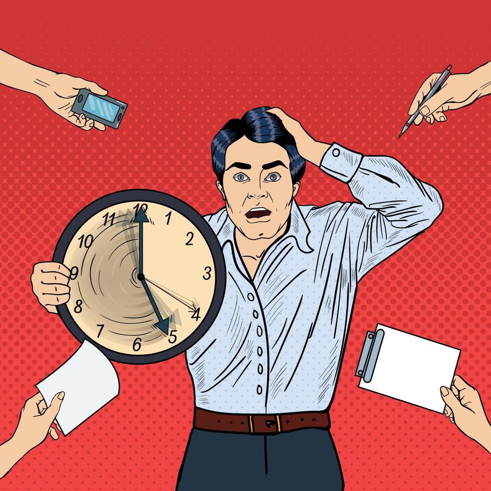 Stressed Pop Art Business Man Holding Big Clock at Multi Tasking Office Work Deadline. Vector illustration